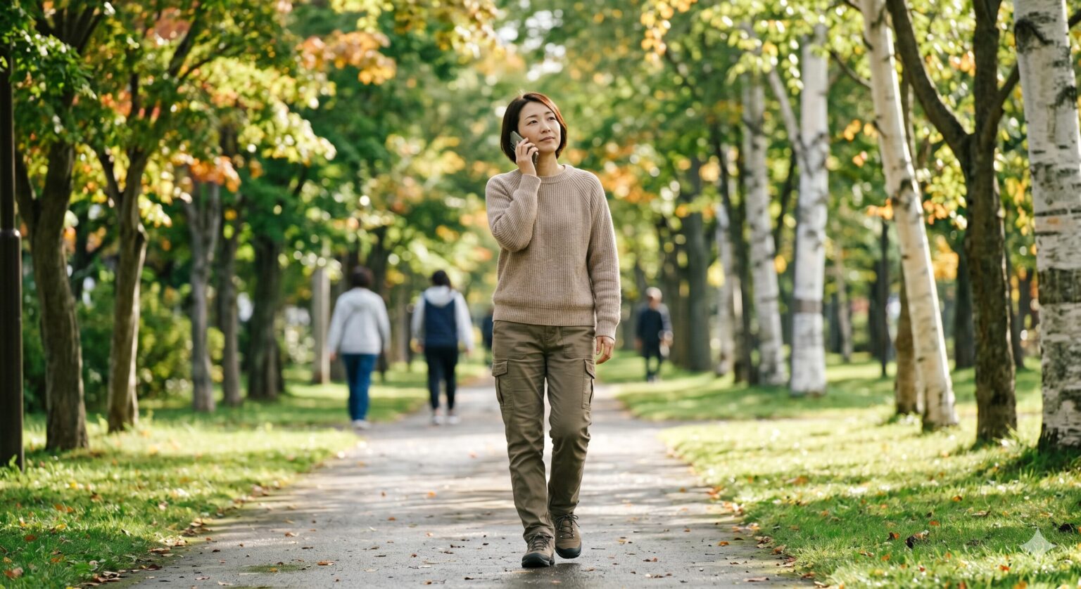 札幌の爽やかな並木道を散歩しながら、iPhoneで音声入力をしてブログを作成する40代の様子。休職中に無理なくAIを活用してスキルアップする自習法を表現した、クリック率を高めるアイキャッチ画像。
