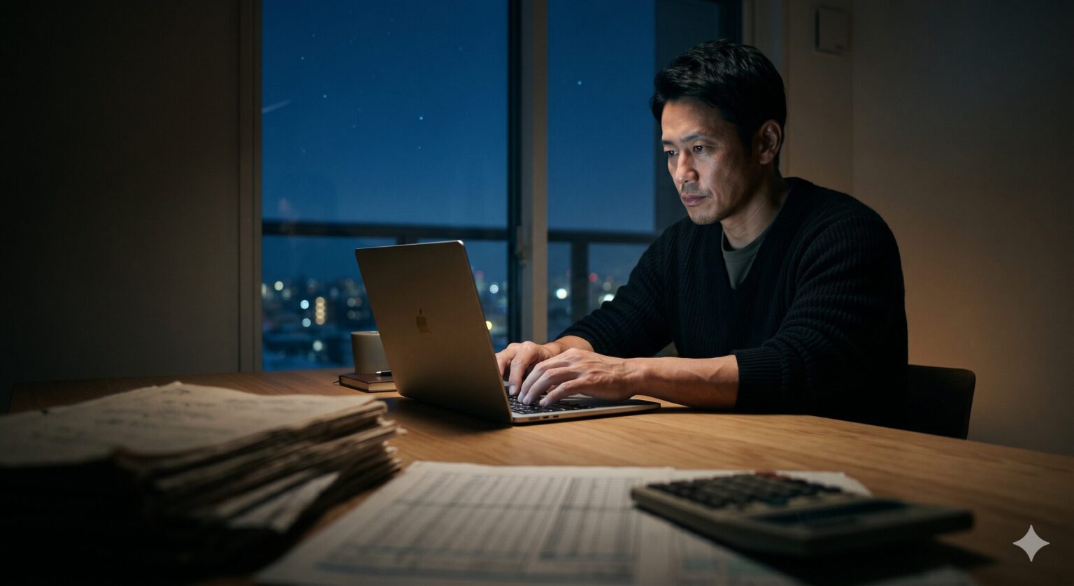 AIによる業務効率化と1人社長への挑戦を象徴する、夜の書斎でMacBookに向き合う40代男性の姿