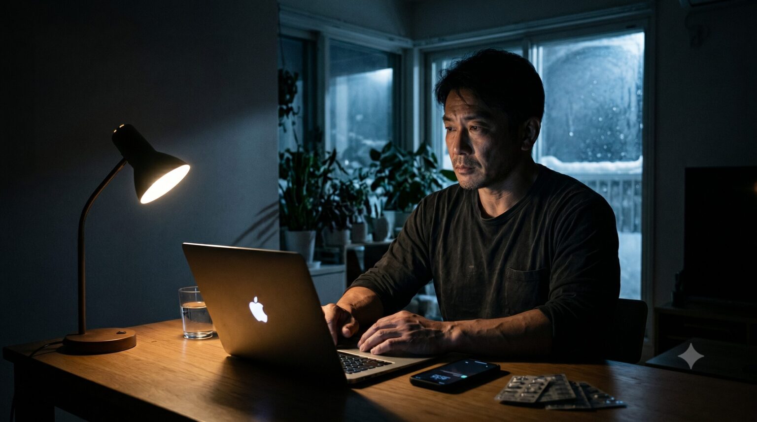 40代仕事限界から休職へ。暗い部屋でMacBookに向かい、静かに自分と向き合う男性の姿。手元には薬とiPhone。