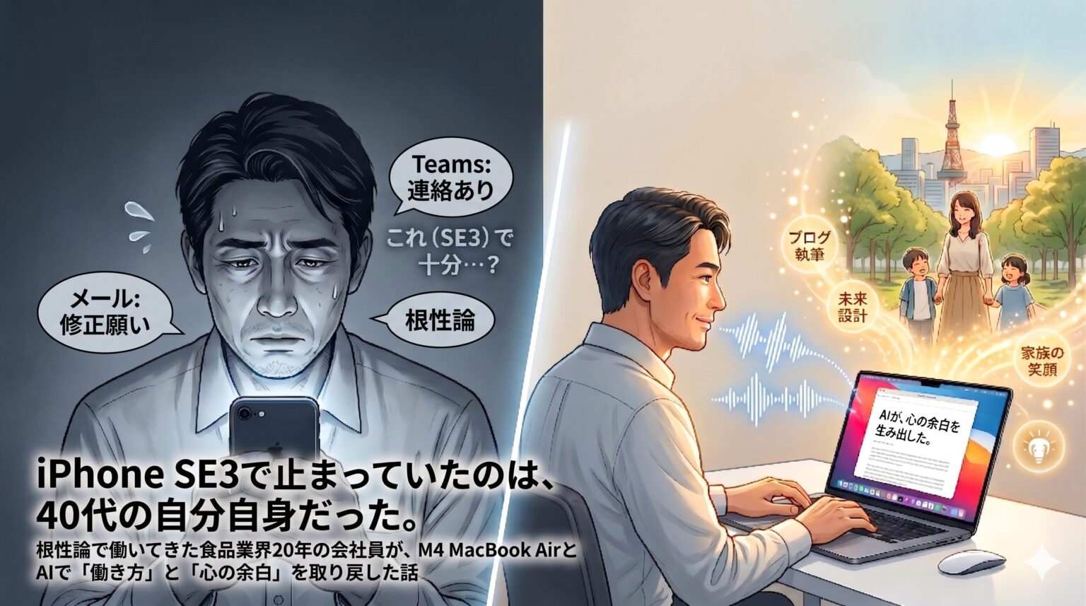 暗い部屋でスマートフォンを見て疲弊する男性と、明るいデスクでノートパソコンを使い、家族との未来を思い描く笑顔の男性を左右で対比させたイラスト