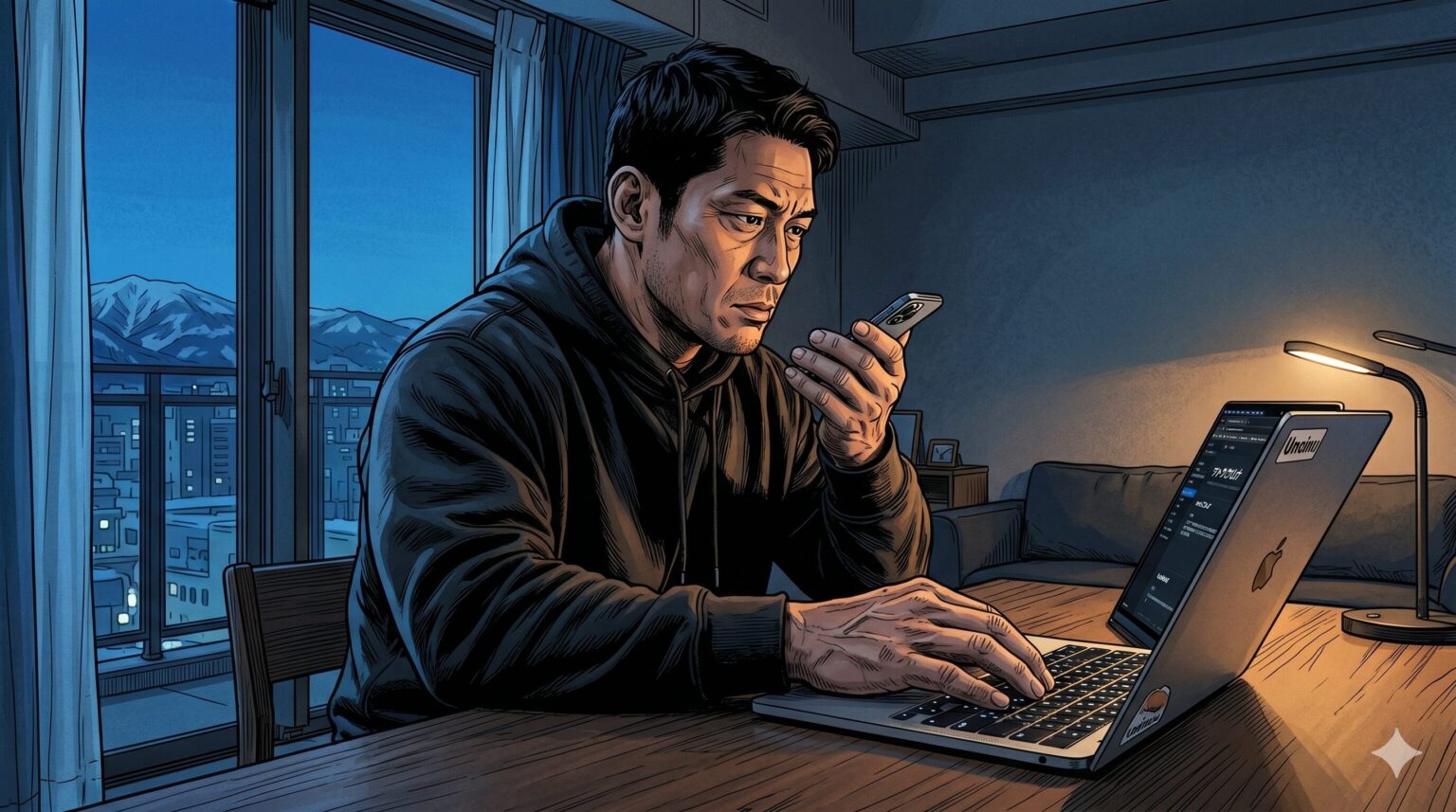 札幌の深夜、抑うつからのキャリア再起動を目指し、M4 MacBook Airの前でiPhoneに音声入力を行う40代男性のイラスト。AIを杖にブログを執筆するリアルな葛藤と希望を表現。