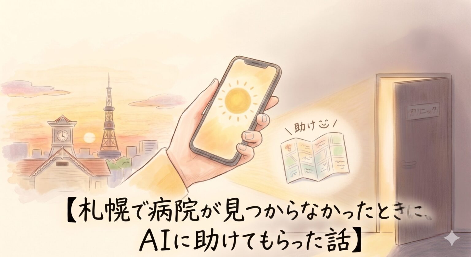 札幌の街並みを背景に、スマートフォンの光がクリニックの扉と案内図を照らす温かみのある手書き風イラスト