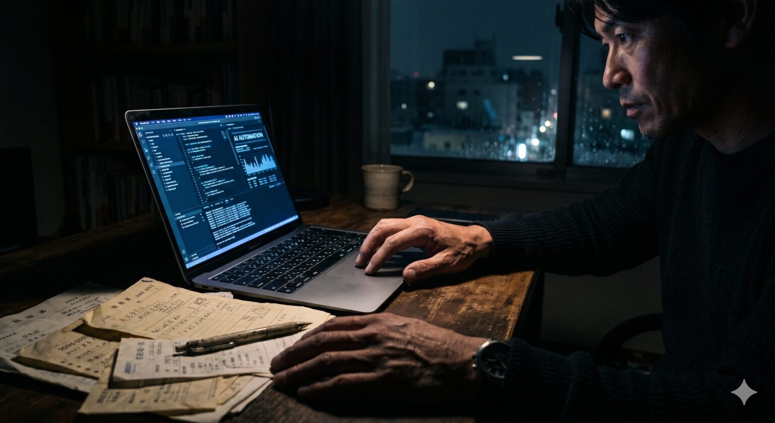 40代未経験からAIとMakeで業務自動化を達成し、深夜の残業や大量の紙伝票から解放されるビジネスパーソンの手元