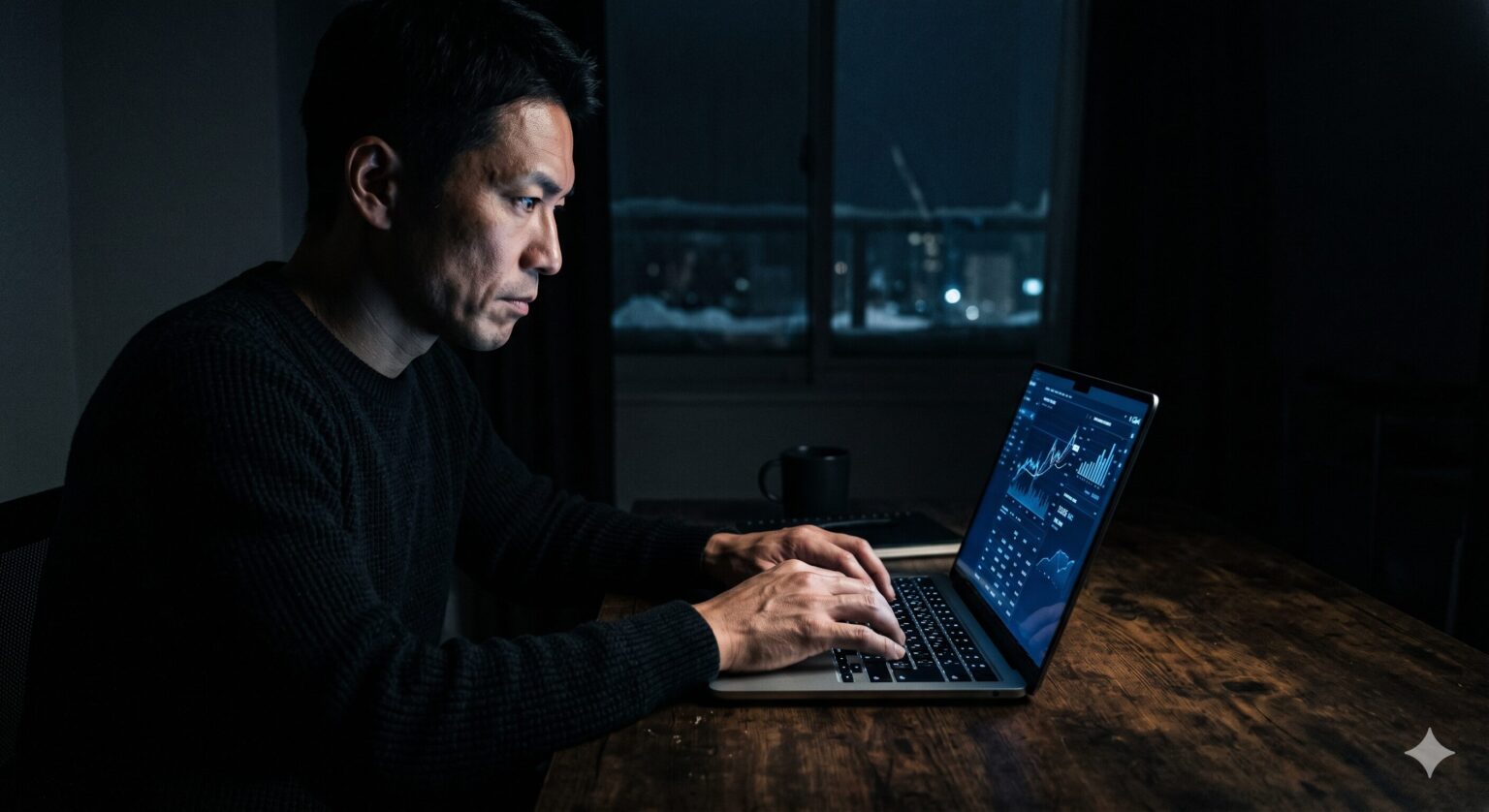 40代の休職中のキャリア不安をAIと収支計算で解消する、暗闇から光へ向かうビジネスパーソンのイメージ