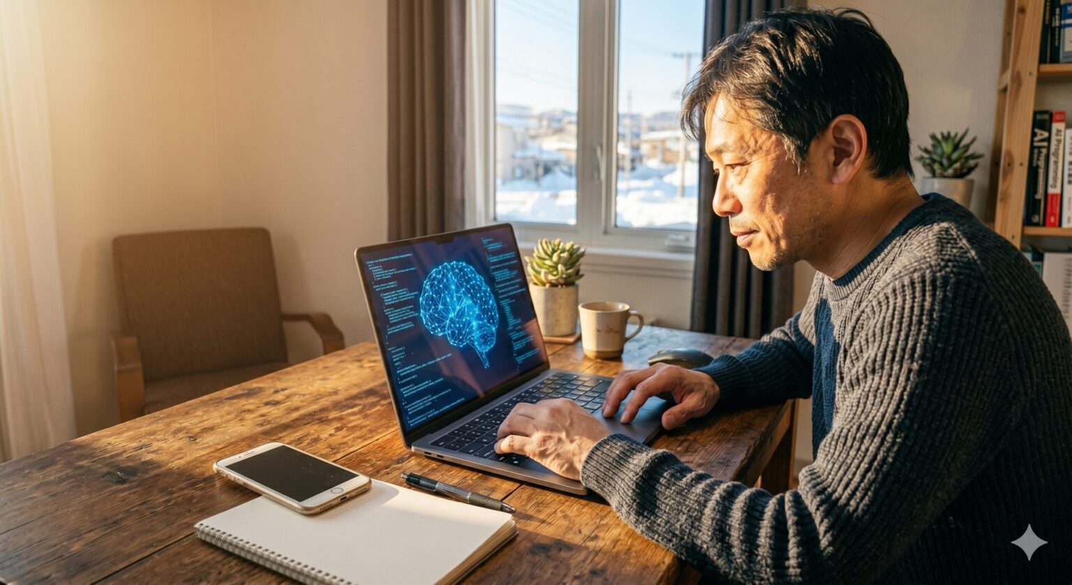 朝日の差し込む明るい部屋で、MacBookに向かいAI学習に没頭する40代男性。窓の外に見える北国の雪景色と、温かい光に包まれたデスクが、休職期の孤独を乗り越え、個人の力で未来を切り拓く希望と決意を表現した温かみのある光景。