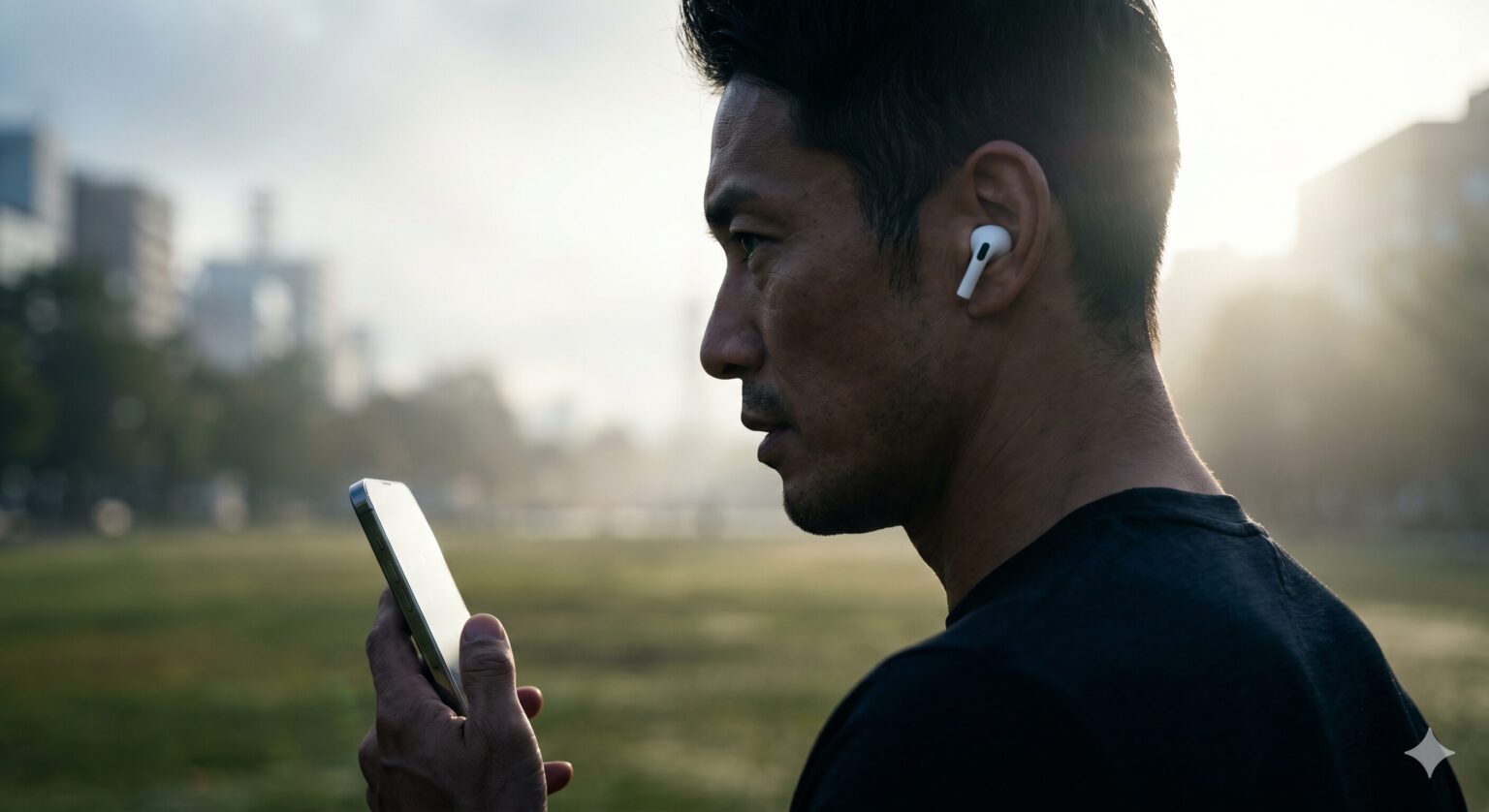 AirPods Pro 3とAIを活用して散歩中に音声入力を行う40代ビジネスパーソンのシネマティックなイメージ（ウメ犬ブログ）