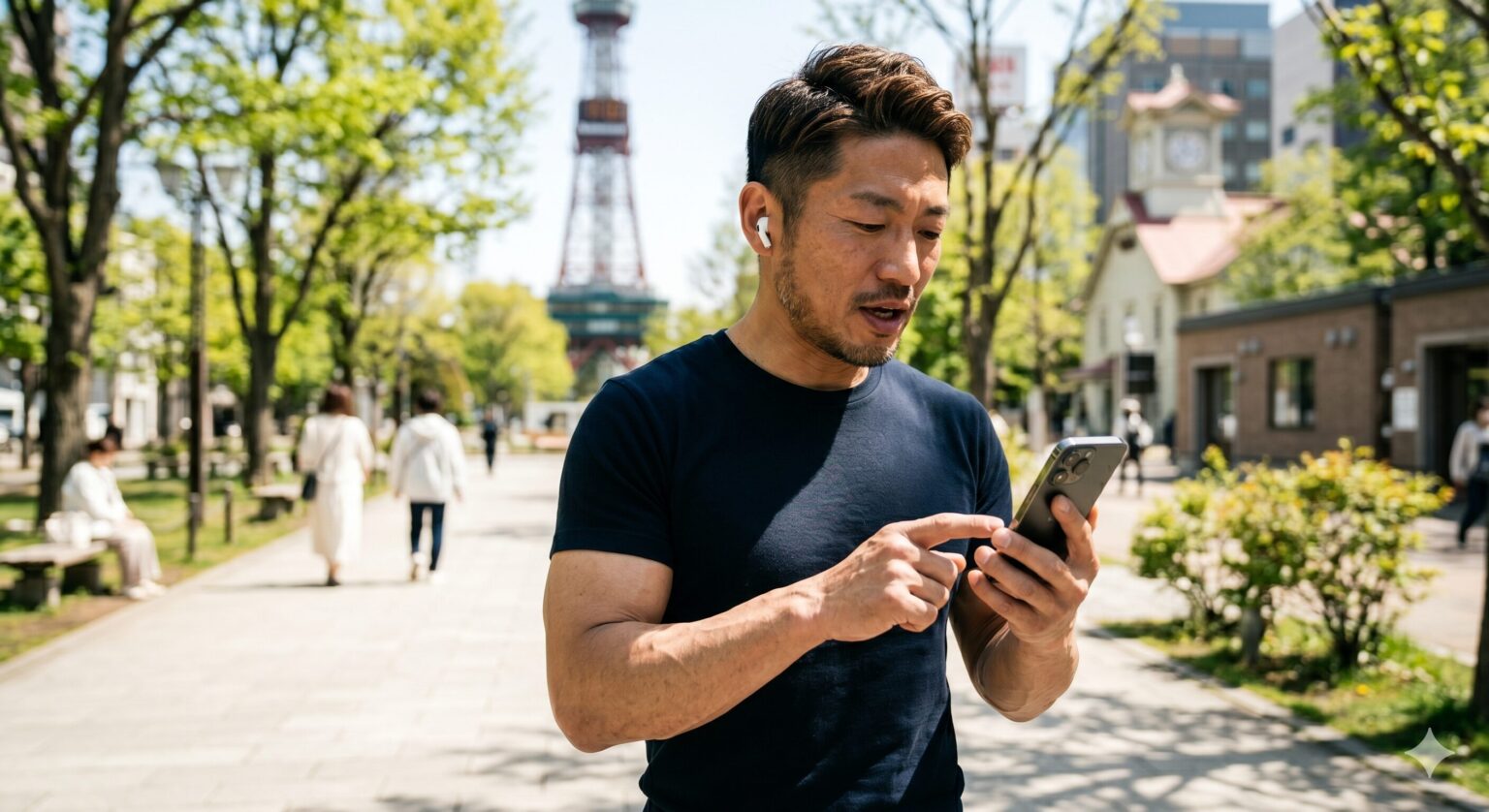 初夏の札幌大通公園で、AirPodsを耳につけてスマートフォンで音声入力をしながら歩く40代男性