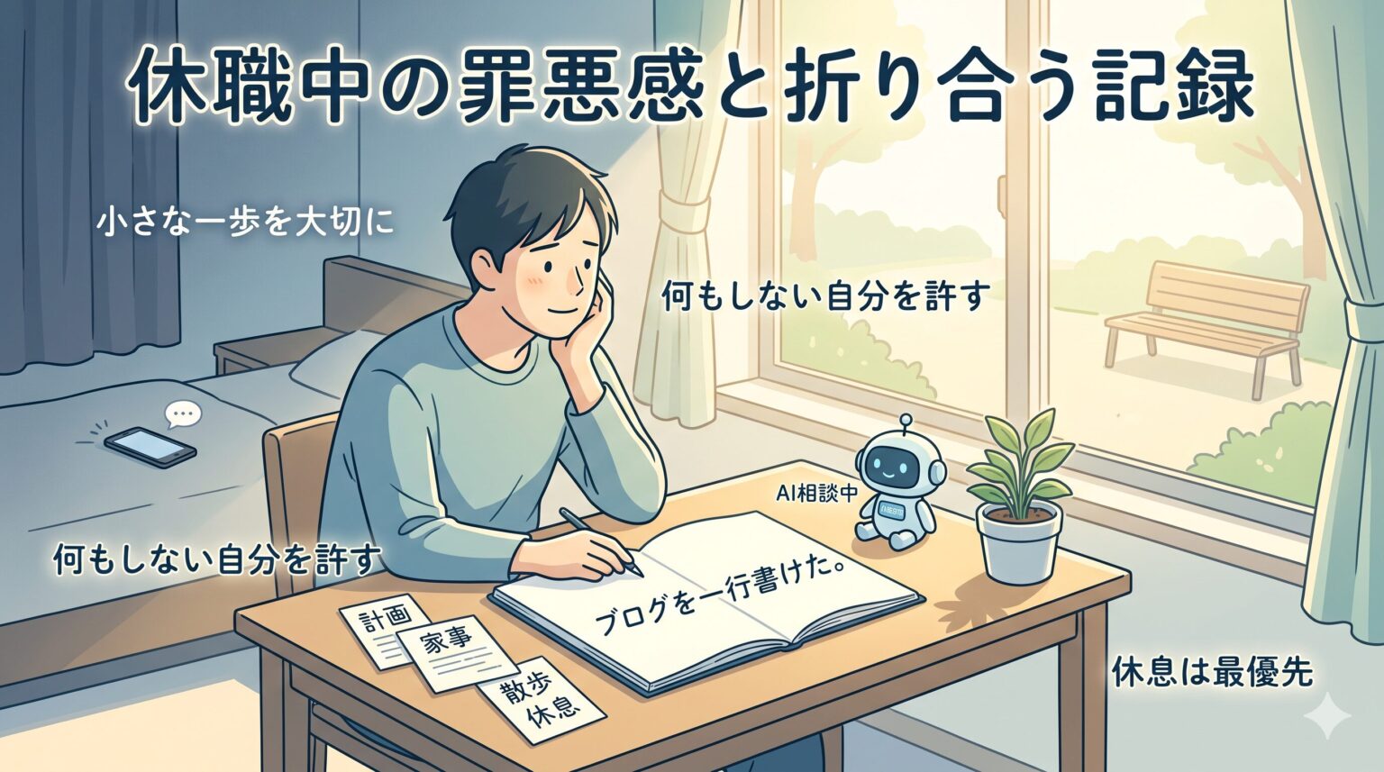 暖かく柔らかいアニメーションスタイルのイラスト。休職中の若い男性が机に向かい、ノートに何かを書き込んでいる。ノートには「ブログを一行書けた。」と書かれている。彼の周りには、「小さな一歩を大切に」「何もしない自分を許す」「休息は最優先」といった日本語の心温まるメッセージが浮かんでおり、背景にはベッドのある暗い部屋と、大きな窓から差し込む明るい庭の景色が対比して描かれている。