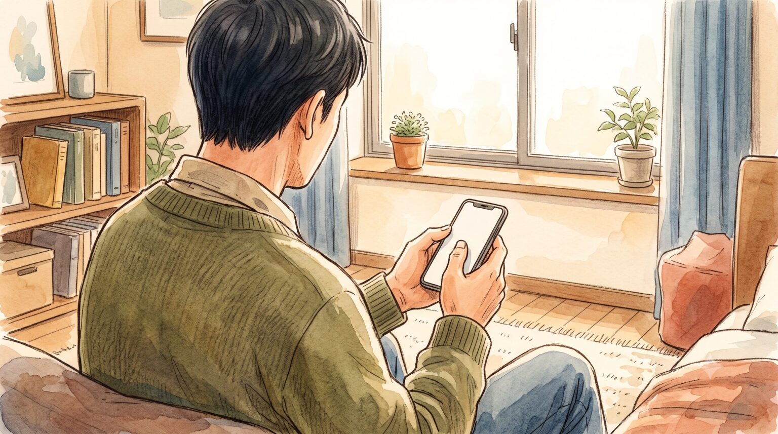 自宅の部屋で静かにスマートフォンを持ち、メッセージの入力に躊躇している40代男性の後ろ姿。柔らかな朝の光が差し込む落ち着いた水彩画風イラスト。