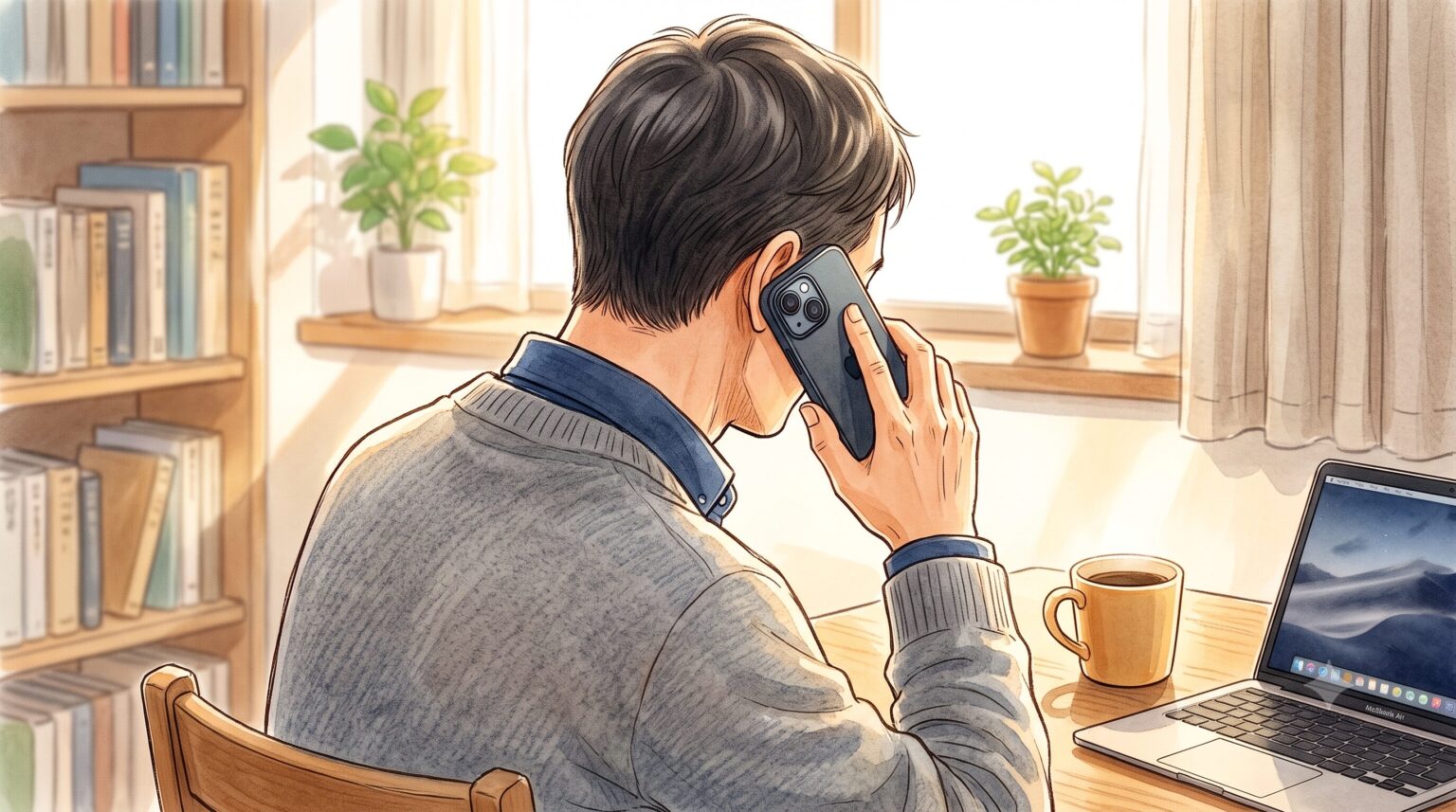 落ち着いた書斎でスマートフォンとノートパソコンに向かう40代男性会社員の後ろ姿の水彩画。疲弊した日々のリカバリーをテーマにしたブログ記事のアイキャッチ。