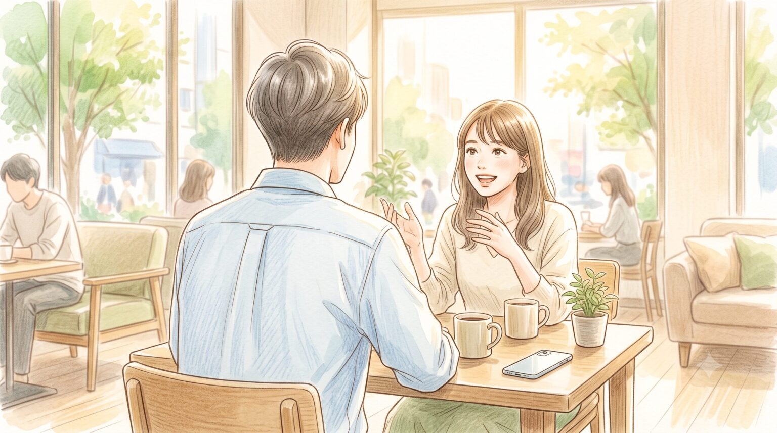 カフェで人と談笑する明るい後ろ姿（左）と、一人で窓辺に座る少しだけ静かなトーンの後ろ姿（右）を描いた、やわらかい色鉛筆・水彩風のイラスト。