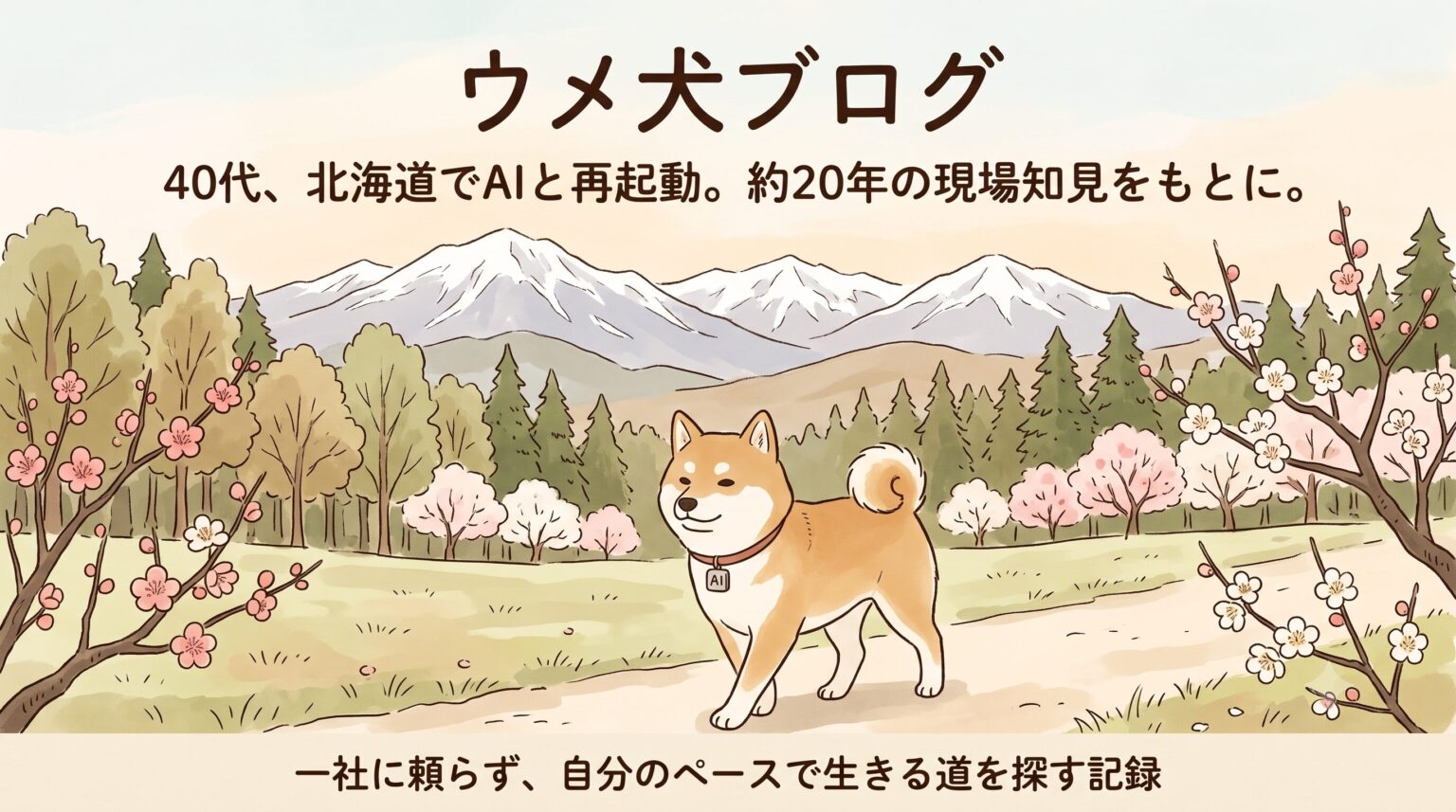 「ウメ犬ブログ」ヘッダー画像：北海道の自然と梅林を歩く柴犬のイラスト。上部にブログタイトルとキャッチコピー、下部にサブキャッチコピー。