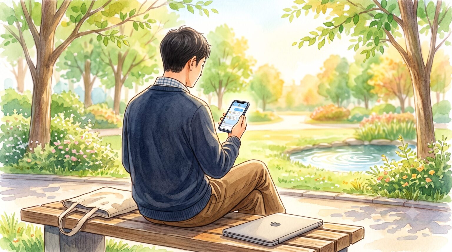 公園のベンチでスマートフォンを見つめる40代男性会社員の後ろ姿。明るい水彩画風イラストで、静かで落ち着いた距離感を表現。ウメ犬ブログ記事用アイキャッチ。