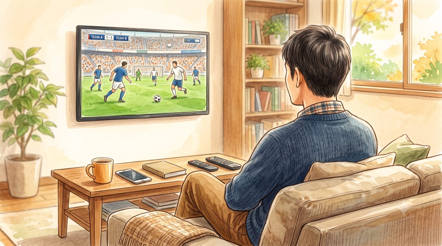 温かい雰囲気のリビングで、ソファに座りテレビでサッカーの試合を観戦する日本人男性の後ろ姿。リラックスした休日を表現した水彩・色鉛筆風イラスト。