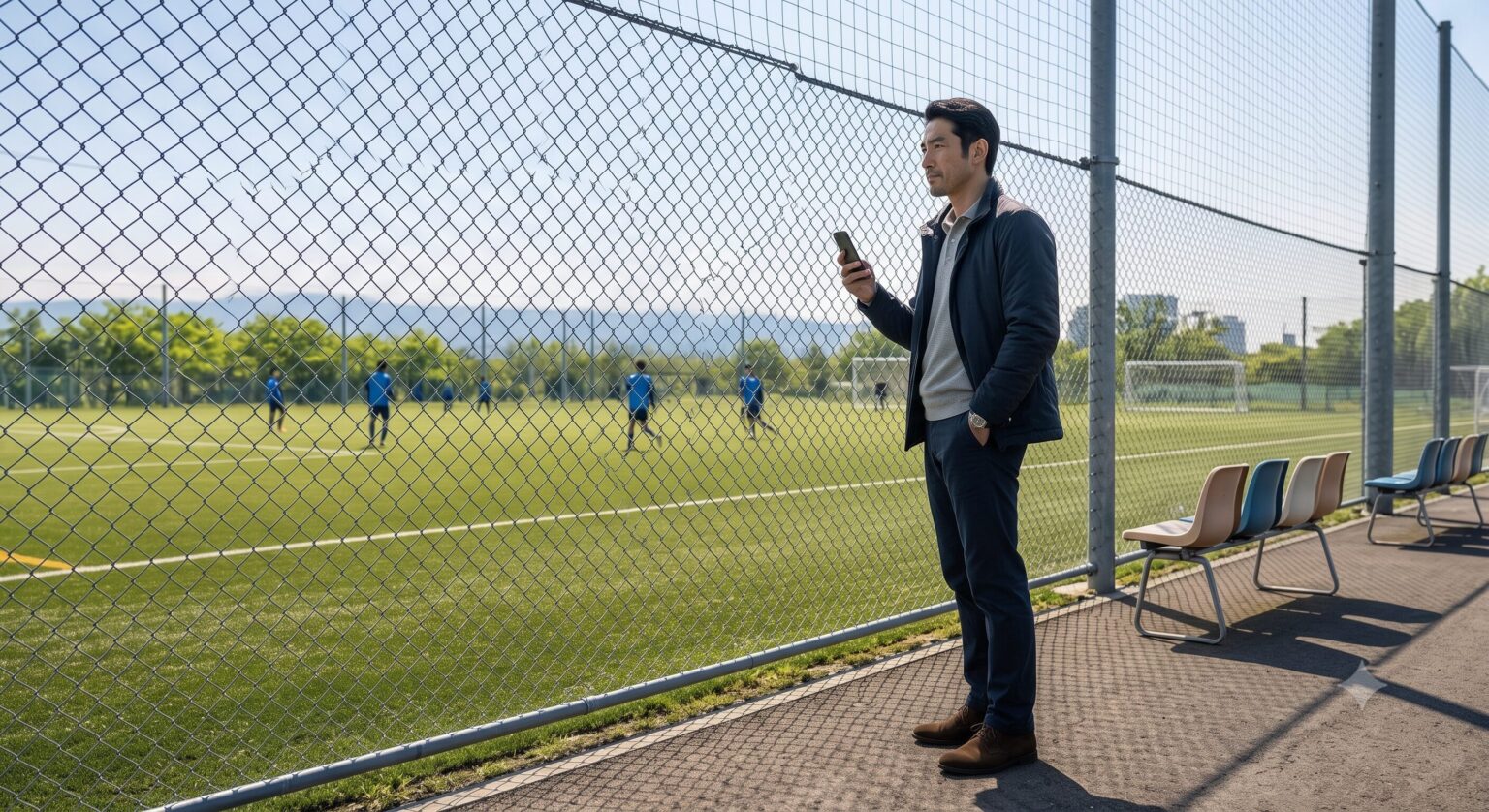 札幌の初夏、昼下がりのサッカー練習場で、フェンス越しに練習を眺める休職中の40代男性。iPhone 17eを手に、自然に動きたくなった瞬間と孤独に向き合う。