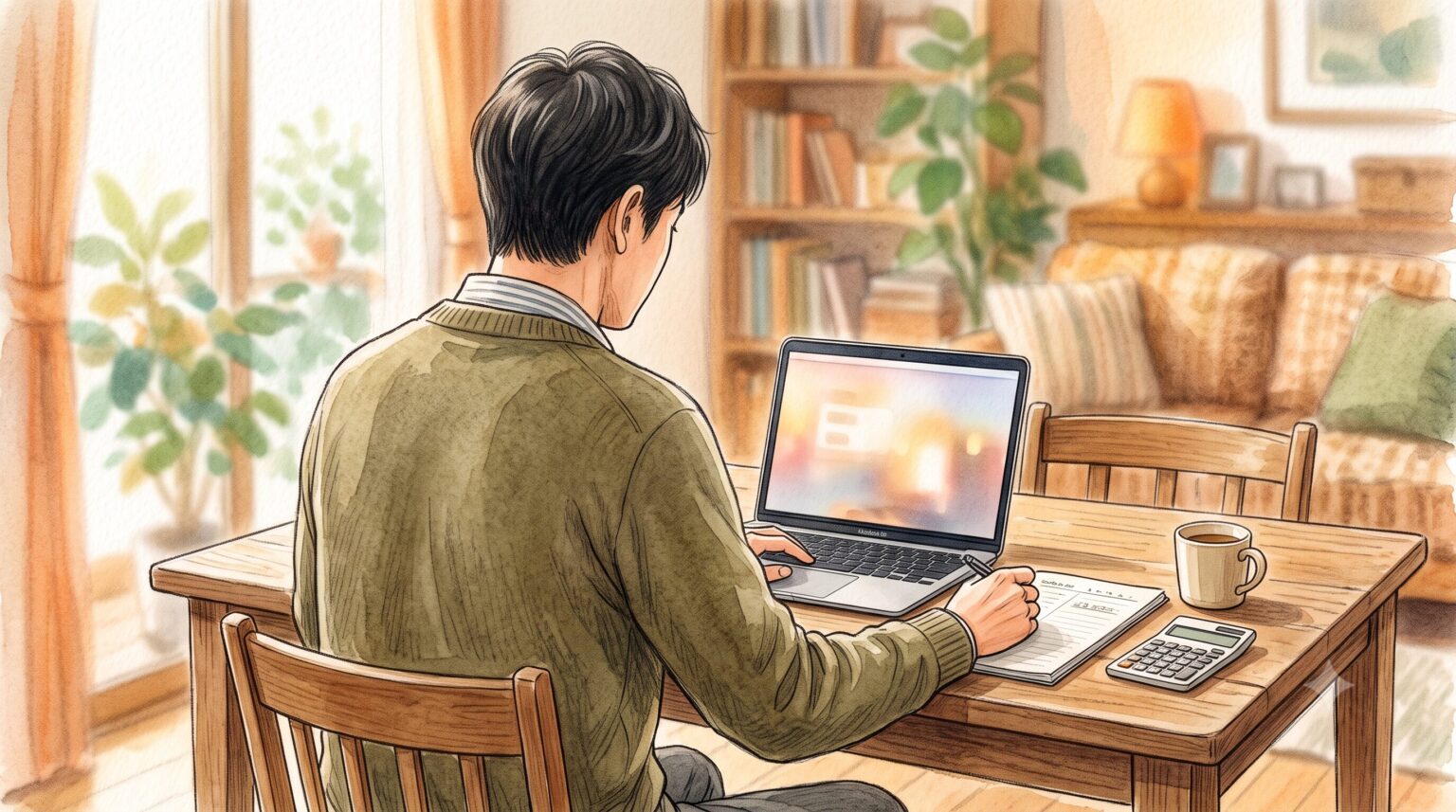 自宅のテーブルでノートパソコンや家計簿に向かい、静かに家計やお金に向き合う40代男性の後ろ姿イラスト。