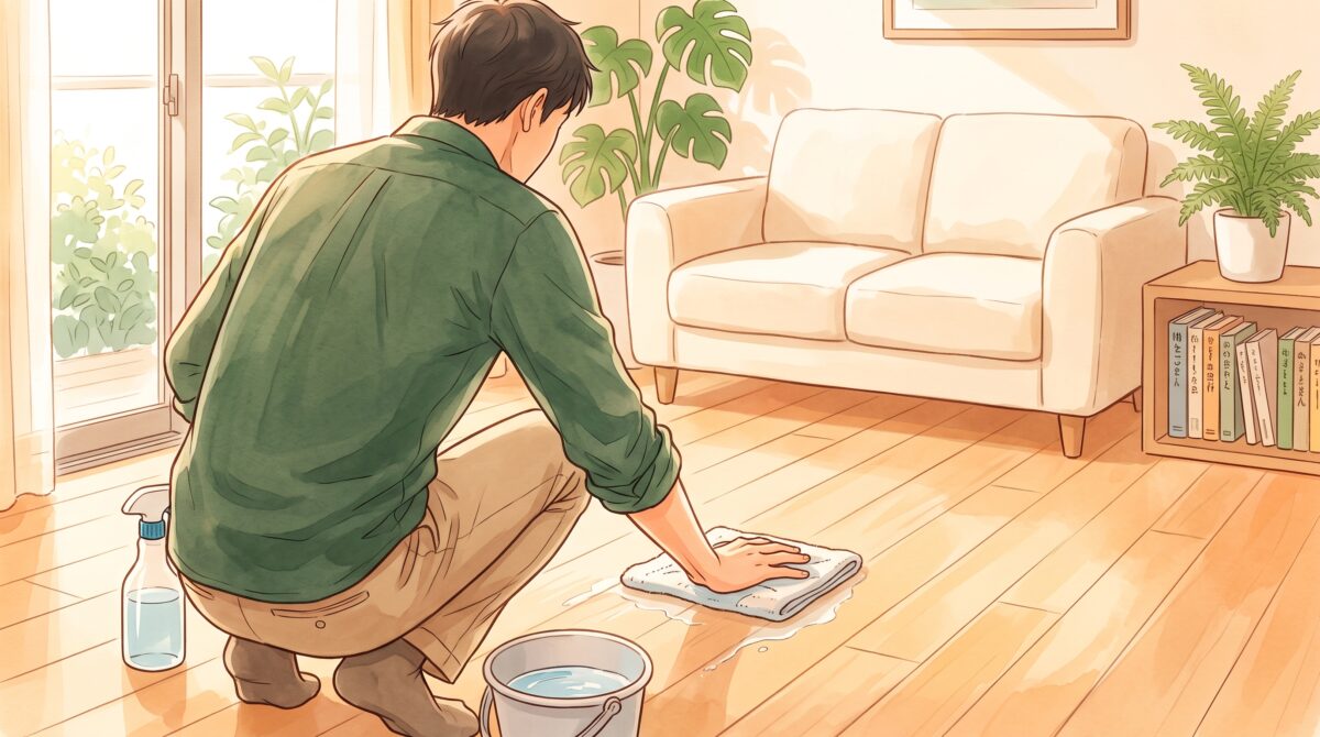 休職中、自宅の床を水拭きする40代男性の様子