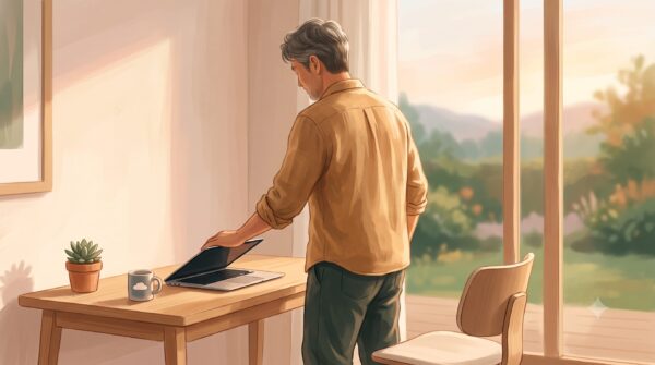 ノートパソコンを閉じて窓のほうを向く40代男性の後ろ姿のイラスト