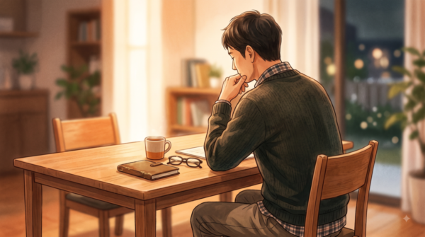 自宅のダイニングで考え事をする40代男性の後ろ姿。無理をしている自分に気づく内省的な瞬間を描いたイラスト。