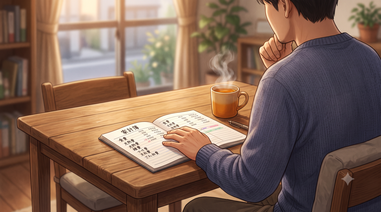 自宅のリビングで家計簿を見つめ、静かに考え込む40代男性の後ろ姿。温かい湯気が立つマグカップが横に置かれた、穏やかな日常の振り返りシーン。