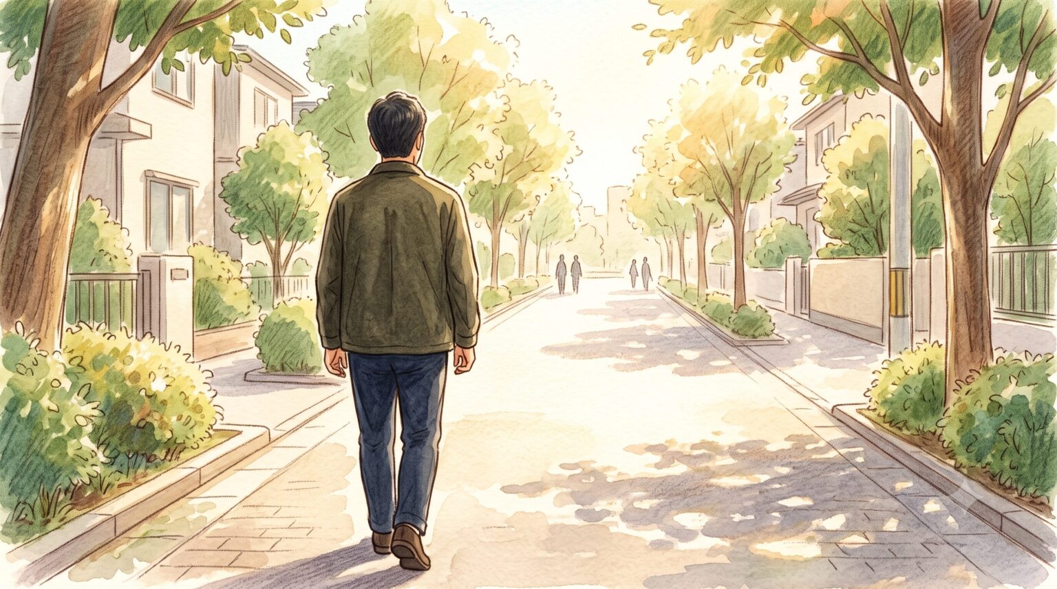 平日の昼間、静かな住宅街をひとりで歩く40代男性の後ろ姿のイラスト