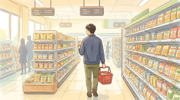 スーパーの店内でカゴを持ち、のんびり買い物をする40代男性の後ろ姿のイラスト