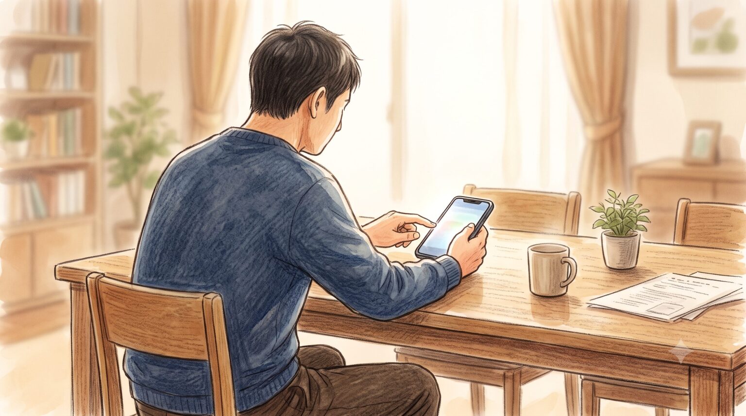 自宅のテーブルでスマートフォンの画面を見つめ、送信をためらっている40代男性の後ろ姿のイラスト