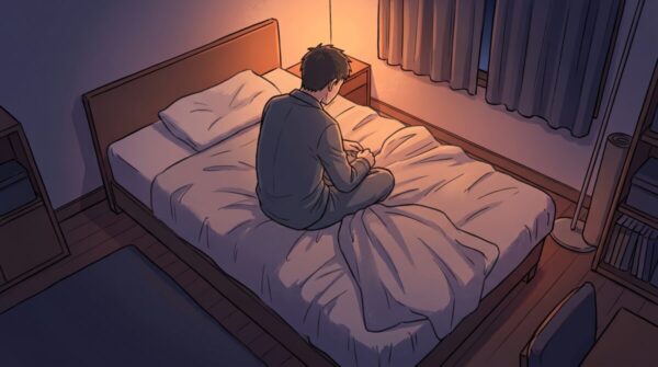夜、気持ちを整理しようとする40代男性の様子