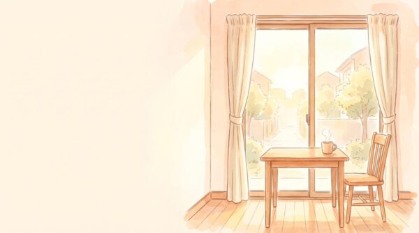 朝の光が差し込む窓辺に、湯気の立つマグカップと椅子が置かれた静かなリビングのイラスト