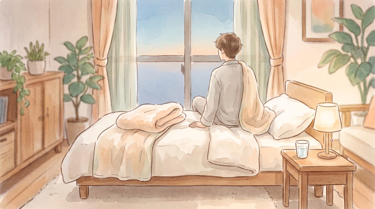 毛布を肩にかけ、ベッドの端に座って夕方の窓の外を見る男性の後ろ姿